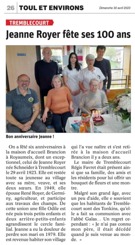 Jeanne ROYER fête ses 100 ans